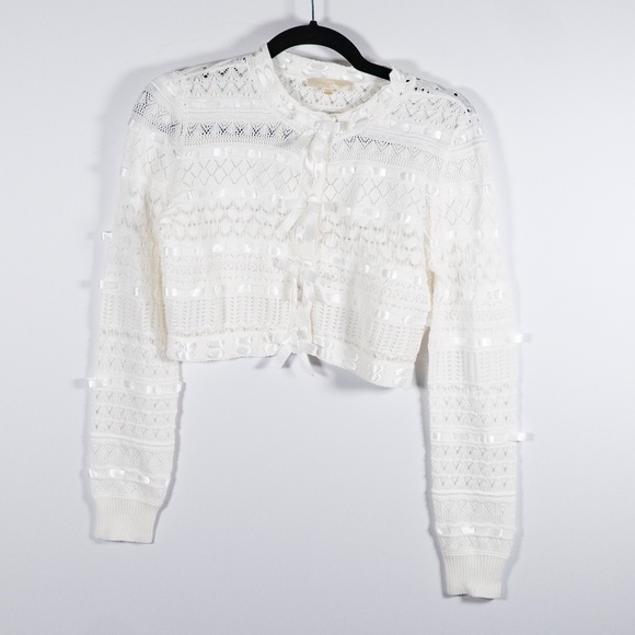 LoveShackFancy Roselline Cotton Crochet Ribbon Cardigan Sweater Daylight White - Picture 1 of 3